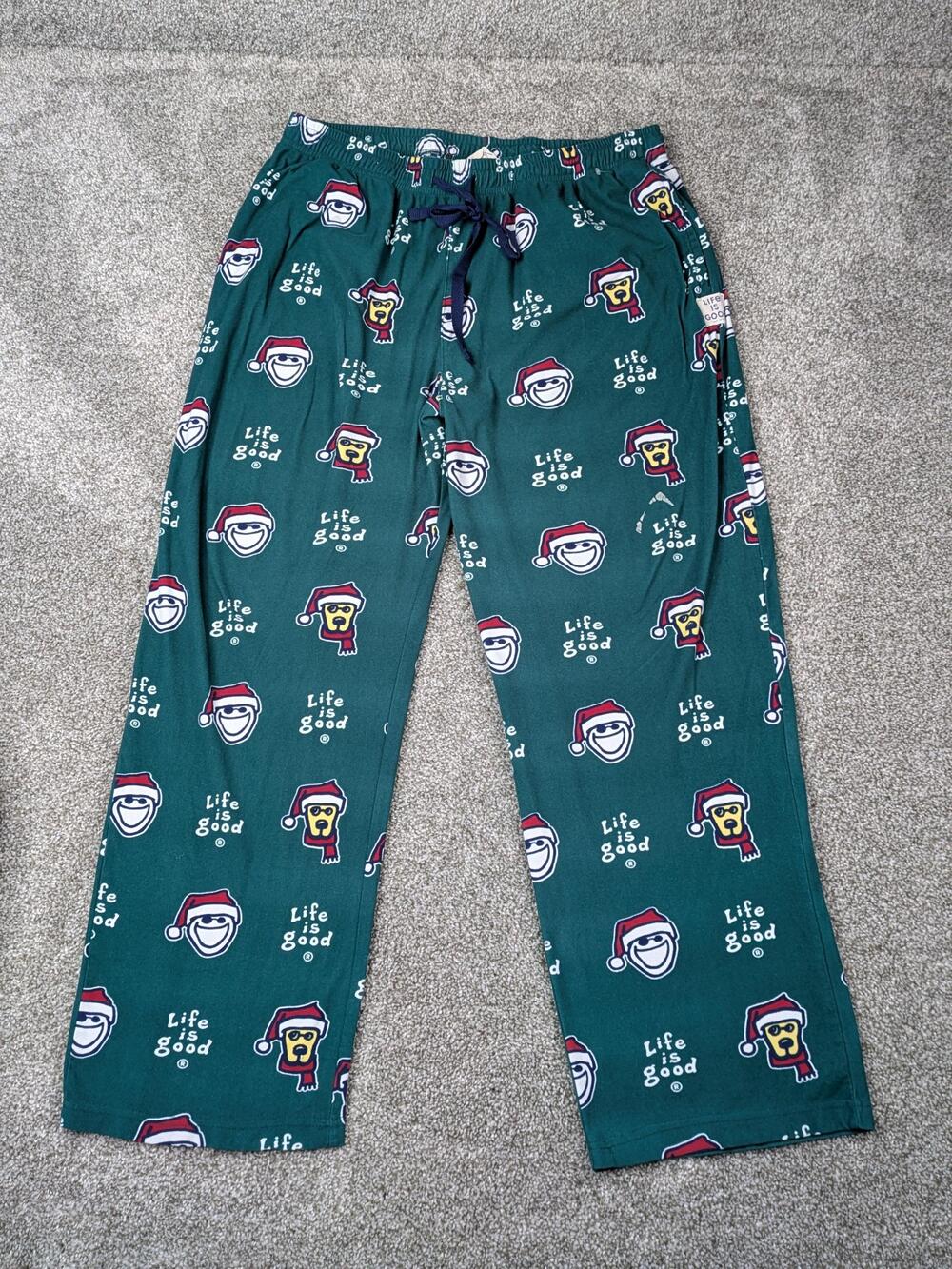 Life Is Good Sleep Pants Mens XL Green Christmas Santa Hat Dog Lounge Pajamas